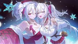 Rule 34 | 2girls, :d, ;o, absurdres, antlers, armpits, azur lane, bare shoulders, bell, belt, belt pouch, breasts, choker, christmas, cleavage, cowboy shot, crop top, elbe (azur lane), fake antlers, fang, foreshortening, freng, hair ribbon, hairband, halterneck, has bad revision, has downscaled revision, hat, highres, horns, jacket, jewelry, jingle bell, large breasts, long hair, long sleeves, looking at viewer, md5 mismatch, midriff, miniskirt, multicolored hair, multiple girls, navel, necklace, off shoulder, official art, one eye closed, one side up, open clothes, open jacket, open mouth, outstretched arm, parted lips, pleated skirt, pouch, prinz adalbert (azur lane), red choker, red eyes, red headwear, red jacket, red shirt, red skirt, reindeer antlers, resolution mismatch, revealing clothes, ribbon, santa costume, santa hat, selfie, shirt, skirt, sleeveless, sleeveless shirt, smile, smug, snowflakes, source smaller, spaghetti strap, stomach, streaked hair, sweater, tareme, thighhighs, tsurime, twintails, v, very long hair, white hair, white shirt, white sweater, zettai ryouiki