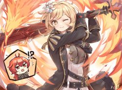 Rule 34 | !?, 1boy, 1girl, blonde hair, breasts, claymore (sword), closed mouth, cosplay, diluc (genshin impact), diluc (genshin impact) (cosplay), fire, flower, genshin impact, gloves, hair between eyes, hair flower, hair ornament, holding, holding weapon, long hair, long sleeves, lumine (genshin impact), medium breasts, mirin pengin, one eye closed, ponytail, red eyes, red hair, shirt, vest, weapon, yellow eyes