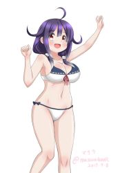 Rule 34 | 1girl, ahoge, bikini, breasts, cleavage, collarbone, dated, feet out of frame, hair flaps, kantai collection, large breasts, looking at viewer, low twintails, masara (chuujou), navel, purple hair, red eyes, side-tie bikini bottom, simple background, smile, solo, standing, swimsuit, taigei (kancolle), twintails, twitter username, white background, white bikini