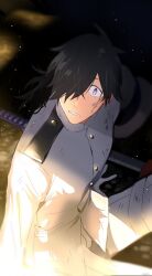 Rule 34 | 1boy, black hair, cowboy shot, dirty, dirty clothes, dirty face, fate/grand order, fate (series), gloves, hair over one eye, hat, unworn hat, unworn headwear, highres, jacket, katana, light particles, long hair, looking at viewer, low ponytail, male focus, on ground, pants, parted lips, pirohi (pirohi214), purple eyes, sakamoto ryouma (fate), sitting, solo, surprised, sword, thigh strap, weapon, white gloves, white jacket, white pants