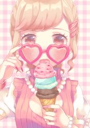 Rule 34 | 1girl, bracelet, brown hair, cleavage cutout, clothing cutout, commentary request, food, hair ornament, hairclip, heart, heart-shaped eyewear, holding, holding food, ice cream, ice cream cone, jewelry, licking, multicolored nails, nail polish, necklace, original, pearl bracelet, pearl necklace, pink-framed eyewear, pink-tinted eyewear, pink-tinted glasses, pink nails, pink theme, plaid, plaid background, red eyes, red nails, shiki hinako, short sleeves, sidelocks, solo, swept bangs, tinted eyewear, tongue, triple scoop, upper body, white nails