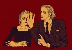 Rule 34 | 1boy, 1girl, bella scottland, black dress, blonde hair, brown suit, covering one eye, crossed arms, dress, eyelashes, facial hair, formal, hair slicked back, hairband, hand on another&#039;s face, hunter x hunter, lipstick, looking at viewer, makeup, necktie, red background, shirt, short hair, simple background, smile, suit, theta (hunter x hunter), tserriednich hui guo rou, upper body, waistcoat