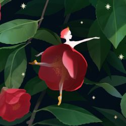 Rule 34 | 1girl, ballerina, bare shoulders, camellia, closed mouth, cropped, dancing, dress, dress flower, closed eyes, flower, leaf, mu mashu, original, personification, plant, red dress, red flower, red hair, smile, solo, sparkle, tiara, yellow footwear