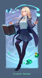 Rule 34 | 1girl, blonde hair, blue eyes, blue jacket, blue skirt, book, border, closed mouth, crystal maiden, dota (series), dota 2, floating, forehead, full body, gem, highres, holding, holding wand, jacket, leaf, leggings, long hair, long sleeves, looking at viewer, magical girl, pantyhose, polo shirt, potion, qianhui, school uniform, shirt, skirt, solo, wand, white shirt