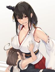 Rule 34 | 2girls, angry, armpit crease, black hair, black serafuku, blush, braid, breasts, brown hair, cleavage, covered erect nipples, detached sleeves, embarrassed, fuwafuwatoufu, grabbing, grabbing another&#039;s breast, hair flaps, hair ornament, hair over shoulder, hair ribbon, headgear, highres, japanese clothes, kantai collection, large breasts, long hair, looking at viewer, multiple girls, neckerchief, nontraditional miko, one-hour drawing challenge, open mouth, red eyes, ribbon, school uniform, serafuku, shigure (kancolle), shigure kai ni (kancolle), short hair, simple background, single braid, sitting, skirt, smile, twitter username, wide sleeves, yamashiro (kancolle)