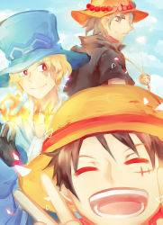Rule 34 | 3boys, black hair, blonde hair, brothers, fire, hat, male focus, monkey d. luffy, multiple boys, one piece, portgas d. ace, sabo (one piece), scar, siblings, smile, top hat