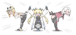 Rule 34 | 1girl, 3girls, :d, armband, armored boots, armored gloves, armored leotard, bandaid, bandaid on cheek, bandaid on face, black bodysuit, black gloves, blonde hair, blue eyes, bodysuit, boots, breasts, cape, choker, cleavage, coat, drake (nikke), fang, fur trim, gloves, goddess of victory: nikke, hair ornament, hairclip, headgear, highleg, highres, laplace (nikke), long hair, maxwell (nikke), medium breasts, multiple girls, open mouth, orange hair, red cape, red eyes, short hair, sidelocks, skin fang, small breasts, smile, sports bra, sumiosmith, twintails, two-tone gloves, visor cap, white coat, white gloves, white hair, white sports bra