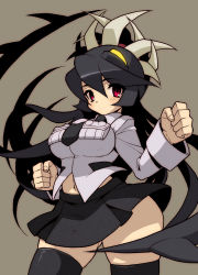 Rule 34 | 1girl, bad id, bad pixiv id, black hair, black thighhighs, blush, breasts, clenched hand, clenched hands, extra mouth, fighting stance, filia (skullgirls), futakuchi-onna, glowing, glowing eyes, hip focus, impossible clothes, impossible shirt, lab zero games, large breasts, long hair, miniskirt, nama (tadpole), navel, necktie, prehensile hair, red eyes, samson (skullgirls), shirt, simple background, skindentation, skirt, skullgirls, solo, teeth, thick thighs, thighhighs, thighs, very long hair, wide hips, yellow eyes