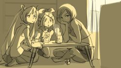 Rule 34 | 3girls, arm support, bare shoulders, bow, commentary, crop top, crossed arms, cup, detached sleeves, drinking, hair bow, hair ornament, hairclip, hatsune miku, head rest, indoors, juice box, kagamine rin, long hair, meiko (vocaloid), miniskirt, monochrome, multiple girls, nippori honsha, pleated skirt, sailor collar, seiza, sepia, shirt, short hair, sitting, skirt, sleeveless, sleeveless shirt, steam, twintails, very long hair, vocaloid, watching television