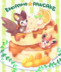 Rule 34 | creatures (company), emolga, floral print, food, fruit, game freak, gen 5 pokemon, hug, ice cream, leaf, looking at another, lying, mochopaccho, nintendo, on stomach, open mouth, orange (fruit), orange slice, pancake, pancake stack, pawmi, plate, pokemon, pokemon (creature), smile, striped, syrup, vertical stripes