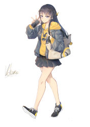 Rule 34 | 10s, 1girl, absurdres, bag, black eyes, black footwear, black hair, black jacket, casual, cellphone, chinese commentary, commentary request, full body, hair ornament, hairclip, highres, hood, hooded sweater, hoodie, jacket, long hair, looking at viewer, phone, pleated skirt, sakurajima mai, seishun buta yarou, shoes, signature, simple background, skirt, smartphone, sneakers, solo, sweater, vchan, white background, yellow sweater