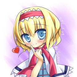 Rule 34 | 1girl, alice margatroid, blonde hair, blue eyes, blush, capelet, female focus, finger to mouth, gradient background, hairband, heart, highres, short hair, silveroid, solo, touhou