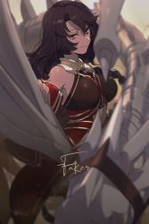 Rule 34 | 1girl, bare shoulders, black hair, blue eyes, blush, braid, braided ponytail, breasts, collar, detached sleeves, dragon, dress, echo (circa), fate/grand order, fate (series), hephaestion (fate), large breasts, long hair, looking at viewer, lord el-melloi ii case files, metal collar, red dress, skeleton, wide sleeves
