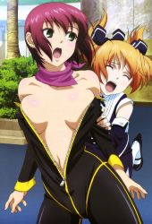 Rule 34 | 10s, 2girls, absurdres, accident, accidental exposure, anya helsing, assisted exposure, bodysuit, breasts, cleavage, closed eyes, green eyes, highres, multiple girls, nishiya yasushi, no bra, non-web source, nyantype, official art, open mouth, orange hair, purple hair, rio -rainbow gate!-, rio rollins, short hair, standing, super blackjack, undressing, unzipped