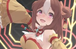 Rule 34 | 1girl, bare shoulders, breasts, brown hair, cleavage, commentary request, copano rickey (umamusume), detached sleeves, double bun, dress, ear covers, fang, hair between eyes, hair bun, hair ornament, highres, large breasts, long hair, long sleeves, looking at viewer, multicolored hair, noa0319, open mouth, pink eyes, smile, solo, streaked hair, tassel, tassel hair ornament, umamusume, upper body, white hair, yellow dress