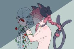 Rule 34 | 1girl, animal ears, bell, black bow, blood, blunt tresses, blush, bow, braid, breasts, cat ears, cat tail, choker, closed eyes, closed mouth, contrast, crack, extra ears, fingernails, flower, flower request, from side, hair between eyes, hair bow, hair ribbon, hands up, highres, kaenbyou rin, kiss, kissing skull, long fingernails, long hair, medium breasts, multiple tails, nail polish, neck bell, nekomata, nude, plant, profile, r18ankou, red flower, red hair, red nails, ribbon, ribs, shadow, sharp fingernails, shoulder blush, sidelighting, skeleton, skull, tail, teeth, thorns, touhou, tress ribbon, twin braids, two tails, upper body, vines, wall
