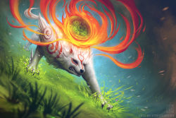 Rule 34 | amaterasu (ookami), artist name, black eyes, bodypaint, claws, clenched teeth, dutch angle, fighting stance, fire, glowing, grass, jasqreate, mirror, no humans, ookami (game), open mouth, plant, sharp teeth, teeth, wolf