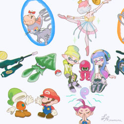 Rule 34 | 2girls, 3boys, ahoge, ballet, black wristband, brown footwear, closed mouth, creatures (company), crossover, crown, doseisan, dress, game freak, gen 4 pokemon, giftpia, glameow, gradient hair, green hat, grey eyes, grey footwear, grey shirt, hat, headphones, highres, inkling, inkling boy, inkling girl, inkling player character, jacket, leg up, magatama, mario, mario (series), memi (gamemix), moon (love-de-lic), mother (game), mother 2, multicolored hair, multiple boys, multiple girls, nintendo, octoling, paper mario, pink eyes, player (moon), poke ball, poke ball (basic), pokemon, pokkle (giftpia), portal (object), portal (series), praying, princess tutu, princess tutu (character), purple hair, rayman limbs, red hat, shirt, simple background, sitting, splatoon (series), two-tone hair, waving, weapon request, white background, white dress, yellow hat, yellow jacket