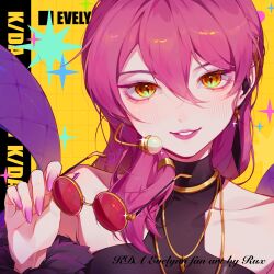 Rule 34 | 1girl, absurdres, bare shoulders, earrings, evelynn (league of legends), fingernails, grin, hair between eyes, headset, highres, jewelry, k/da (league of legends), k/da evelynn, league of legends, light blush, long fingernails, looking at viewer, necklace, pink hair, pink nails, red-tinted eyewear, removing eyewear, ruan chen yue, single earring, smile, solo, sparkle, sunglasses, tinted eyewear, yellow eyes