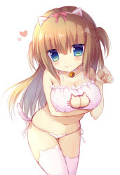Rule 34 | 1girl, animal ear legwear, animal ears, bell, blonde hair, blue eyes, blush, bra, breasts, brown hair, cat cutout, cat ear legwear, cat ear panties, cat ears, cat lingerie, choker, cleavage, cleavage cutout, closed mouth, clothing cutout, cowboy shot, fake animal ears, fang, frilled bra, frills, hair between eyes, hairband, hand up, heart, highres, jingle bell, large breasts, leaning forward, lingerie, long hair, looking at viewer, meme attire, navel, neck bell, okazaki milte, original, panties, paw pose, paw print, side-tie panties, sidelocks, simple background, smile, solo, tareme, thighhighs, thighs, two side up, underwear, white background, white thighhighs
