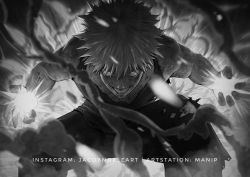 Rule 34 | 1boy, absurdres, action, bakugou katsuki, boku no hero academia, clenched teeth, dust, explosion, feet out of frame, glowing, glowing eyes, greyscale, highres, incoming attack, injury, looking at viewer, male focus, manip, monochrome, motion blur, muscular, outstretched arms, pants, short hair, sleeveless, smoke, solo, spiked hair, squatting, tank top, teeth, torn clothes, torn pants