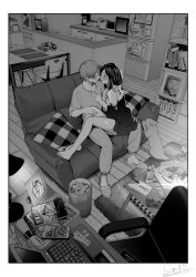 Rule 34 | 1boy, 1girl, absurdres, animal, blush, calendar (object), can, cat, chair, commentary request, computer, controller, couch, couple, desk lamp, drink, food, game controller, greyscale, highres, husband and wife, indoors, jorori, kitchen, lamp, laptop, manga (object), medium hair, monochrome, original, pants, pizza, refrigerator, remote control, shirt, short hair, sitting, sitting on lap, sitting on person, slippers, smile, table, wooden floor