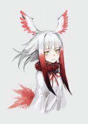 Rule 34 | 10s, 1girl, arms at sides, bird tail, bird wings, blunt bangs, blush, closed mouth, cropped torso, drawstring, eyelashes, floating hair, fur collar, gradient hair, grey background, head wings, infukun, japanese crested ibis (kemono friends), jitome, kemono friends, multicolored hair, red hair, sanpaku, short hair, short hair with long locks, sidelocks, simple background, smile, solo, tail, upper body, white hair, wings, yellow eyes