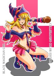 Rule 34 | 1girl, amulet, bare shoulders, blonde hair, blue footwear, boots, breasts, dark magician girl, doctor zexxck, duel monster, hat, knee boots, long hair, revealing clothes, showgirl skirt, solo, squatting, staff, underboob, wizard hat, yu-gi-oh!, yuu-gi-ou, yu-gi-oh! duel monsters