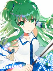 Rule 34 | 1girl, bare shoulders, blue skirt, breasts, closed mouth, collar, collared shirt, commentary, danmaku, detached sleeves, frog hair ornament, gohei, green eyes, green hair, hair between eyes, hair ornament, hair tubes, hand up, highres, kochiya sanae, long hair, long sleeves, looking at viewer, meary mem, medium breasts, one side up, shirt, simple background, skirt, snake hair ornament, solo, touhou, white background, white shirt, wide sleeves