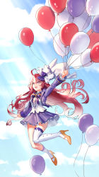 Rule 34 | 1girl, absurdres, ahoge, asymmetrical legwear, balloon, blue sky, bow, character request, cloud, cloudy sky, commentary request, copyright request, cropped jacket, curly hair, day, floating, full body, hair bow, high heels, highres, holding, holding balloon, jacket, kneehighs, korean commentary, legs, light rays, long hair, looking ahead, miniskirt, open mouth, outstretched arm, ptaki 2, purple bow, purple eyes, purple jacket, red hair, shirt, skirt, sky, socks, solo, thighhighs, uneven legwear, veil, very long hair, white shirt, white socks