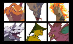 Rule 34 | aerodactyl, aggron, black border, border, brown eyes, cacturne, commentary, creature, creatures (company), english commentary, face, fangs, fiery hair, fire, from side, furry, game freak, gen 1 pokemon, gen 3 pokemon, gen 4 pokemon, horns, looking at viewer, looking to the side, lopunny, mean look (pokemon), nidoking, nintendo, one eye closed, pokemon, pokemon (creature), pokemon move, profile, rapidash, sharp teeth, single horn, spikes, teeth, tongue, tongue out, totodiletears, unicorn, whiskers