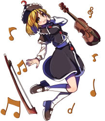 Rule 34 | 1girl, black footwear, black hat, black skirt, blonde hair, bow (music), commentary, frilled hat, frills, full body, hand on own face, hat, highres, instrument, long sleeves, looking at viewer, lunasa prismriver, musical note, one-hour drawing challenge, renshirenji, short hair, simple background, skirt, socks, solo, touhou, violin, white background, white socks, yellow eyes