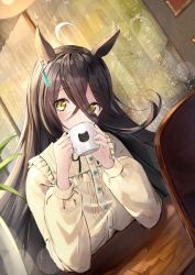 Rule 34 | 1girl, absurdres, ahoge, animal ears, black hair, black ribbon, blush, buttons, cup, drinking, dutch angle, ear piercing, elbows on table, eyes visible through hair, frilled shirt, frills, hair over one eye, highres, holding, holding cup, horse ears, horse girl, indoors, long hair, long sleeves, looking at viewer, manhattan cafe (umamusume), mikami hotaka, mug, neck ribbon, piercing, puffy long sleeves, puffy sleeves, ribbon, shirt, sitting, solo, umamusume, very long hair, white hair, yellow eyes, yellow shirt