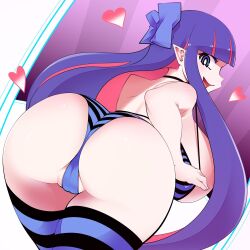 Rule 34 | 1girl, ass, bikini, black bikini, blue bikini, blue bow, blue eyes, blunt bangs, bow, breasts, cameltoe, cleft of venus, colored inner hair, commentary request, curvy, hair bow, haseru (ginku mh), heart, huge breasts, long hair, looking at viewer, looking back, multicolored hair, panty &amp; stocking with garterbelt, pink hair, pointy ears, purple background, purple hair, solo, stocking (psg), striped bikini, striped clothes, swimsuit, two-tone hair