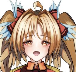 Rule 34 | 1girl, ahoge, alternate hairstyle, arknights, bad id, bad twitter id, blonde hair, blush, feather hair, hair ribbon, highres, idol, kurosabi neko, official alternate costume, open mouth, pinecone (arknights), pinecone (sing a song) (arknights), portrait, ribbon, solo, twintails, yellow eyes