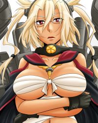 Rule 34 | 10s, 1girl, blonde hair, breasts, crossed arms, dark skin, dark-skinned female, glasses, gloves, hairband, kachirou, kantai collection, large breasts, looking at viewer, machinery, musashi (kancolle), open mouth, personification, pointy hair, red eyes, sarashi, solo, twintails, two side up