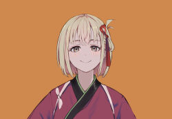 Rule 34 | 1girl, absurdres, blonde hair, brown eyes, commentary request, hair ribbon, highres, japanese clothes, kimono, looking at viewer, lycoris recoil, nishikigi chisato, orange background, red kimono, red ribbon, ribbon, short hair, simple background, solo, tasuki, thick eyebrows, tsurara eeri, upper body