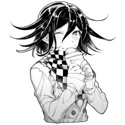 Rule 34 | 1boy, checkered clothes, checkered neckwear, checkered scarf, danganronpa (series), danganronpa v3: killing harmony, eating, food, food on face, food request, greyscale, hair between eyes, highres, holding, holding food, long sleeves, looking at viewer, male focus, monochrome, nanin, one eye closed, oma kokichi, scarf, senbei, short hair, solo, upper body