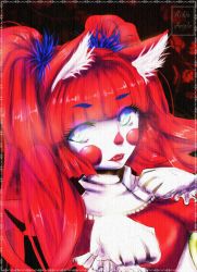 Rule 34 | 1girl, animal ears, artist name, circus baby (fnaf), blue eyes, blush stickers, cat ears, clown, eyebrows, eyelashes, five nights at freddy&#039;s, five nights at freddy&#039;s: sister location, gloves, long hair, open mouth, paw pose, red hair, rukiaangle, twintails, upper body