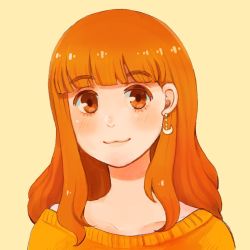 Rule 34 | 10s, 1girl, blunt bangs, casual, closed mouth, commentary, crescent, crescent earrings, earrings, girls und panzer, highres, jewelry, long hair, looking at viewer, orange eyes, orange hair, orange sweater, portrait, smile, solo, sweater, takapachi, takebe saori, yellow background