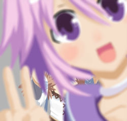 Rule 34 | 10s, 2girls, blanc (neptunia), blurry, choker, d-pad, d-pad hair ornament, enmouno, female focus, flat chest, grey background, hair ornament, looking at viewer, multiple girls, neptune (neptunia), neptune (series), open mouth, parka, photobomb, purple eyes, purple hair, short hair, smile, solo focus, v
