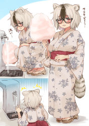 Rule 34 | 1girl, ^^^, animal ears, batta (kanzume quality), black-framed eyewear, black nails, blush, brown hair, comic, cotton candy, faucet, fingernails, food, glasses, gloom (expression), grey hair, japanese clothes, kimono, long sleeves, looking at object, looking at viewer, medium hair, multicolored hair, nail polish, original, parted lips, raccoon ears, raccoon girl, raccoon tail, red eyes, smile, solo, squatting, standing, surprised, sweatdrop, tail, toes, two-tone hair, water, wide sleeves, yukata