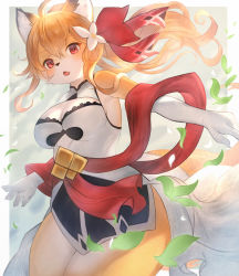 Rule 34 | 1girl, ahoge, animal ears, blonde hair, border, breasts, cleavage cutout, clothing cutout, elbow gloves, falling leaves, fang, female focus, flower, fox ears, furry, furry female, gloves, hair flower, hair ornament, highres, large breasts, leaf, narume (pixiv9196885), open mouth, original, outside border, ponytail, red eyes, skirt, sleeveless, solo, thighs, white border, wide hips, wind