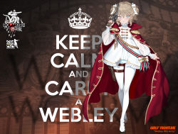 Rule 34 | 1girl, text background, blonde hair, blue eyes, cape, cape hold, crown, dress, formal, full body, girls&#039; frontline, gun, hair ribbon, handgun, highres, holster, looking at viewer, meme, official art, revolver, ribbon, short hair, silverwing, solo, suit, thigh strap, weapon, webley (girls&#039; frontline), webley revolver