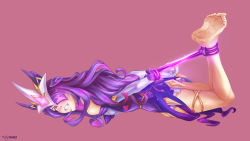 Rule 34 | 1girl, absurdres, arms behind back, bdsm, bondage, bound, clenched teeth, elbow gloves, eyepatch, facial mark, feet, gem, gloves, glowing, hans ft, headgear, highres, league of legends, long hair, multicolored hair, nail polish, pink hair, purple hair, purple nails, purple rope, restrained, rope, signature, simple background, solo, star (symbol), star guardian (league of legends), star guardian syndra, syndra, teeth, toenails, white gloves