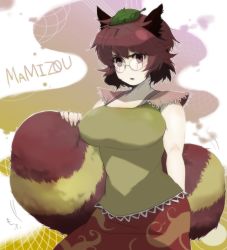 Rule 34 | 1girl, animal ears, bad id, bad pixiv id, breasts, brown eyes, brown hair, character name, female focus, futatsuiwa mamizou, glasses, gradient background, large breasts, leaf, leaf on head, mndayo, object on head, raccoon ears, raccoon tail, skirt, solo, tail, touhou, upper body, white background