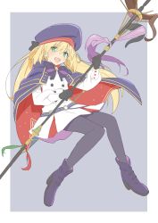 Rule 34 | 1girl, absurdres, artoria caster (fate), artoria caster (second ascension) (fate), artoria pendragon (fate), bad id, bad twitter id, blonde hair, boots, border, commentary request, donguri suzume, fate/grand order, fate (series), gloves, green eyes, grey background, hair between eyes, hat, high heel boots, high heels, highres, holding, holding staff, long hair, long sleeves, looking at viewer, multicolored hair, open mouth, pantyhose, simple background, skirt, solo, staff, teeth, tongue, two-tone hair, white border