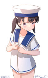 Rule 34 | 1girl, black hair, blue collar, collar, cowboy shot, dated, dress, dressing, hat, kantai collection, looking at viewer, one-hour drawing challenge, purple eyes, ray.s, sailor dress, sailor hat, short hair, short sleeves, shounan (kancolle), simple background, solo, twintails, twitter username, white background, white dress, white hat