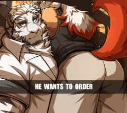 Rule 34 | 2boys, animal ears, arknights, ass, bara, blue eyes, car interior, car seat, dog boy, drive-thru, drks, english text, facial hair, formal, furry, furry male, goatee, he wants to order (meme), highres, hung (arknights), large pectorals, long hair, looking at viewer, lying on person, male focus, mature male, meme, mountain (arknights), mountain (book reader) (arknights), multiple boys, muscular, muscular male, neck fur, official alternate costume, pants, pectoral press, pectorals, scar, scar across eye, snapchat, suit, tail, tail raised, thick eyebrows, tiger boy, tiger ears, tiger tail, white hair, white pants, white suit