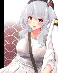 Rule 34 | 1boy, 1girl, absurdres, admiral (kancolle), alternate costume, bare shoulders, blue eyes, breasts, collarbone, commentary request, floral print, grey jacket, grey shirt, height difference, highres, jacket, kantai collection, kashima (kancolle), large breasts, long hair, long sleeves, looking at another, military, military uniform, naval uniform, open mouth, out of frame, pink lips, pleated skirt, sarfata, shirt, sidelocks, silver hair, skirt, solo focus, striped, tsurime, twintails, uniform, vertical stripes, wavy hair, white jacket